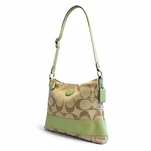 Coach Signature C Canvas Crossbody Bag Lime Green Leather Trim Casual Travel